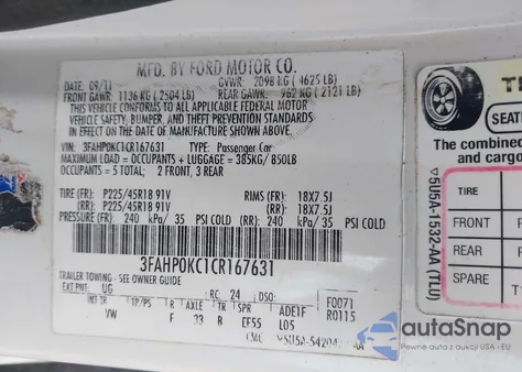 2012 Ford Fusion Sport from USA, damaged, VIN 3FAHP0KC1CR167631